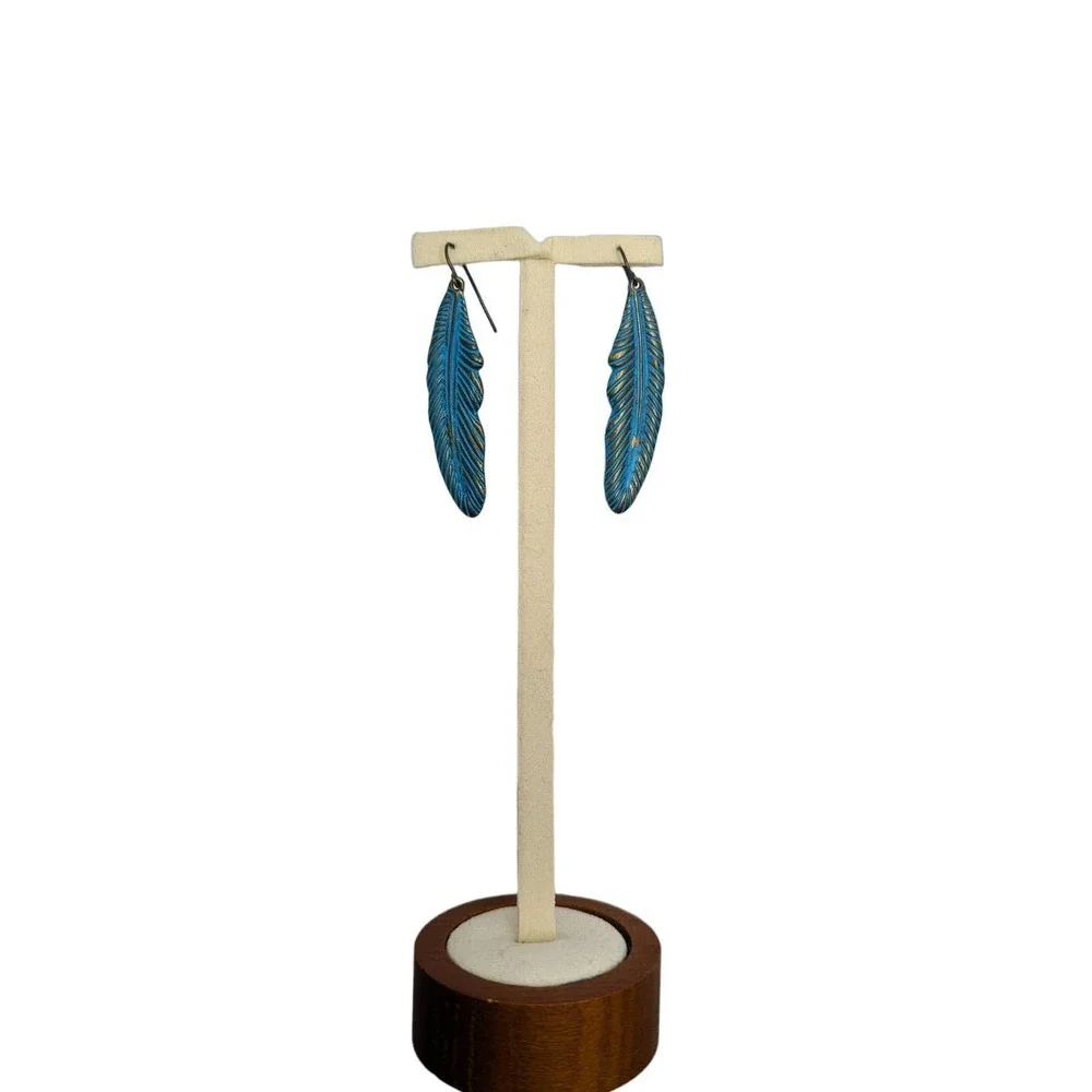 Blue Hand-Painted Brass Feather Earrings - Picture 5 of 8